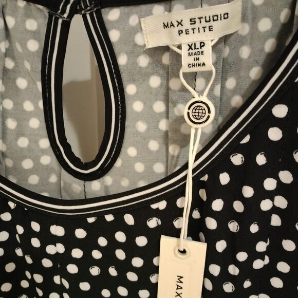 NWT MAX STUDIO PETITE Black & White Polka Dot Stretch Dress - Picture 2 of 2